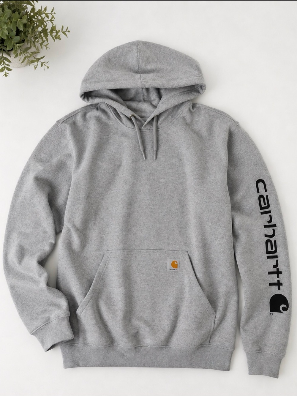 Carhartt Heather Gray Pullover Hoodie with Logo Sleeve - Men’s Small